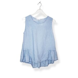 Blue Linen Women's Sleeveless Blouse Tank Top Ruffle Bottom Made in Italy O/S
